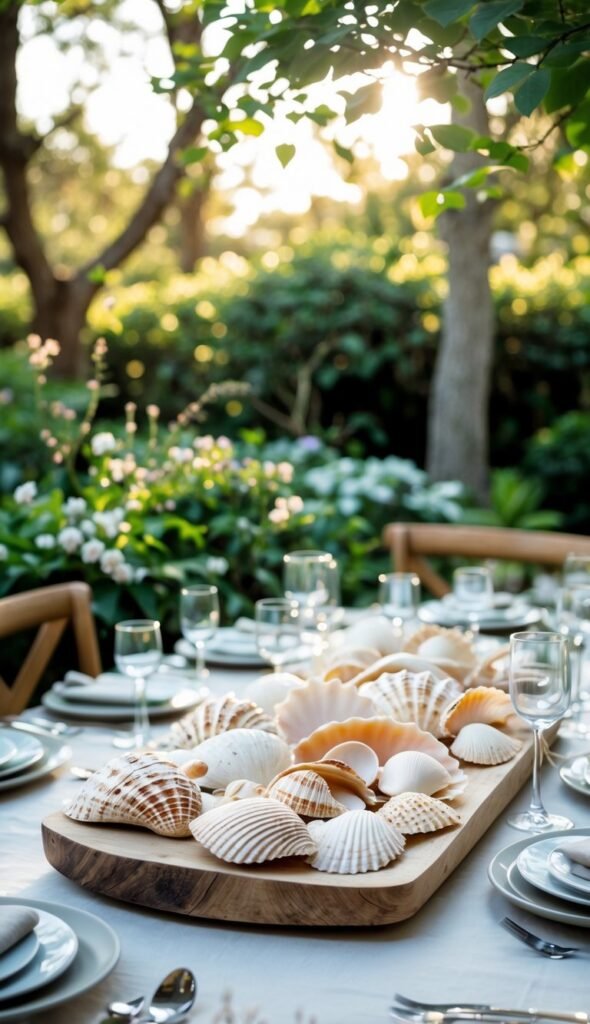 Outdoor dining table in a garden with a seashell centerpiece and tableware surrounded by greenery.