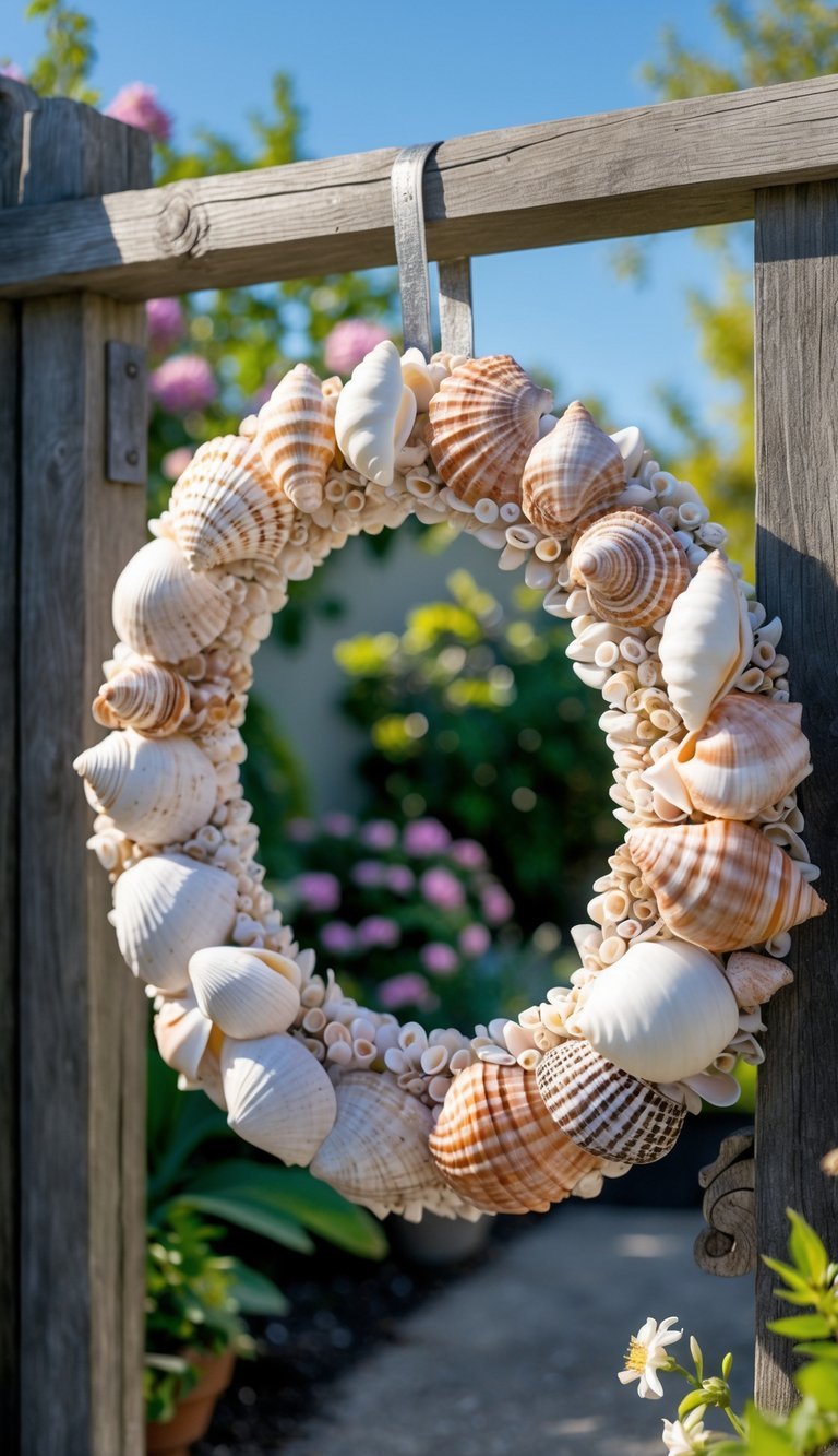 10 Garden Ideas Using Seashells to Transform Your Outdoor Space in the US 19 A wooden garden gate decorated with a seashell wreath surrounded by green plants and flowers.
