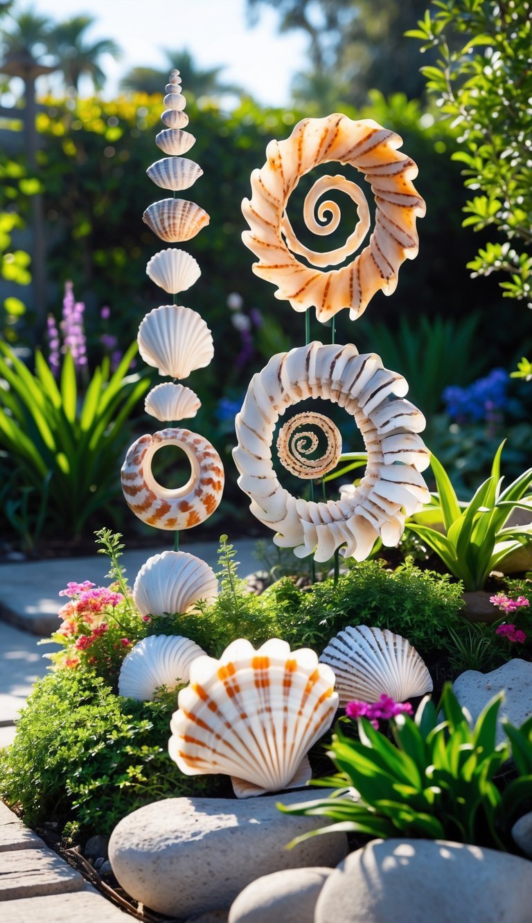 10 Garden Ideas Using Seashells to Transform Your Outdoor Space in the US 20 Outdoor garden with decorative sculptures made from various seashells surrounded by plants and flowers.