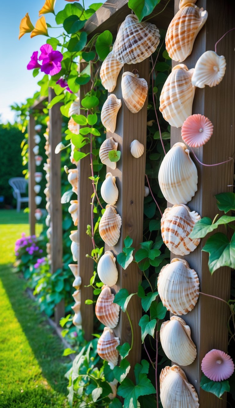 10 Garden Ideas Using Seashells to Transform Your Outdoor Space in the US 21 Wooden garden trellises decorated with seashells surrounded by green plants and colorful flowering vines under a clear sky.