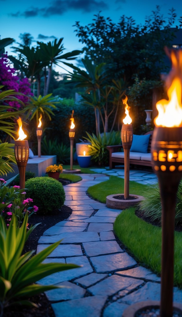 Garden Ideas Using Tiki Torches: 7 Stylish Ways to Transform Your Outdoor Space in the US 2 A garden at dusk with tiki torches lighting stone pathways and an outdoor seating area surrounded by plants and flowers.