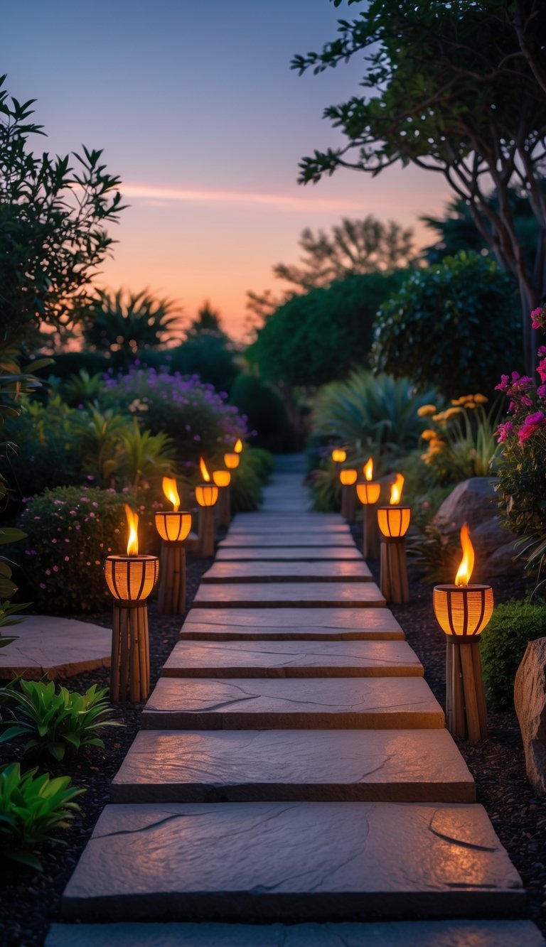 Garden Ideas Using Tiki Torches: 7 Stylish Ways to Transform Your Outdoor Space in the US 3 A garden pathway lined with tiki torches glowing at dusk surrounded by plants and flowers.
