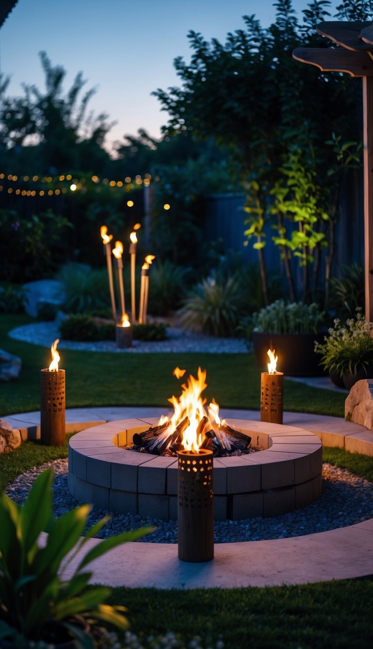 Garden Ideas Using Tiki Torches: 7 Stylish Ways to Transform Your Outdoor Space in the US 4 A fire pit surrounded by lit tiki torches in a garden with green grass and plants at twilight.