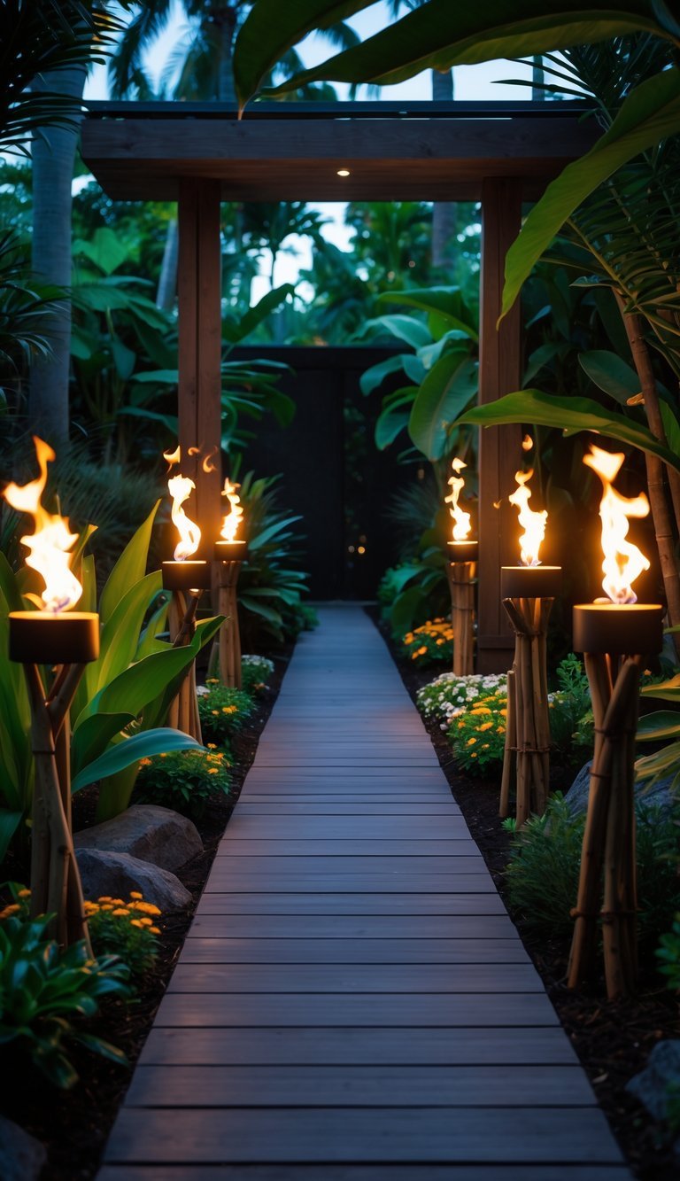 Garden Ideas Using Tiki Torches: 7 Stylish Ways to Transform Your Outdoor Space in the US 6 A garden entrance with tiki torches lighting a pathway surrounded by plants and flowers at twilight.