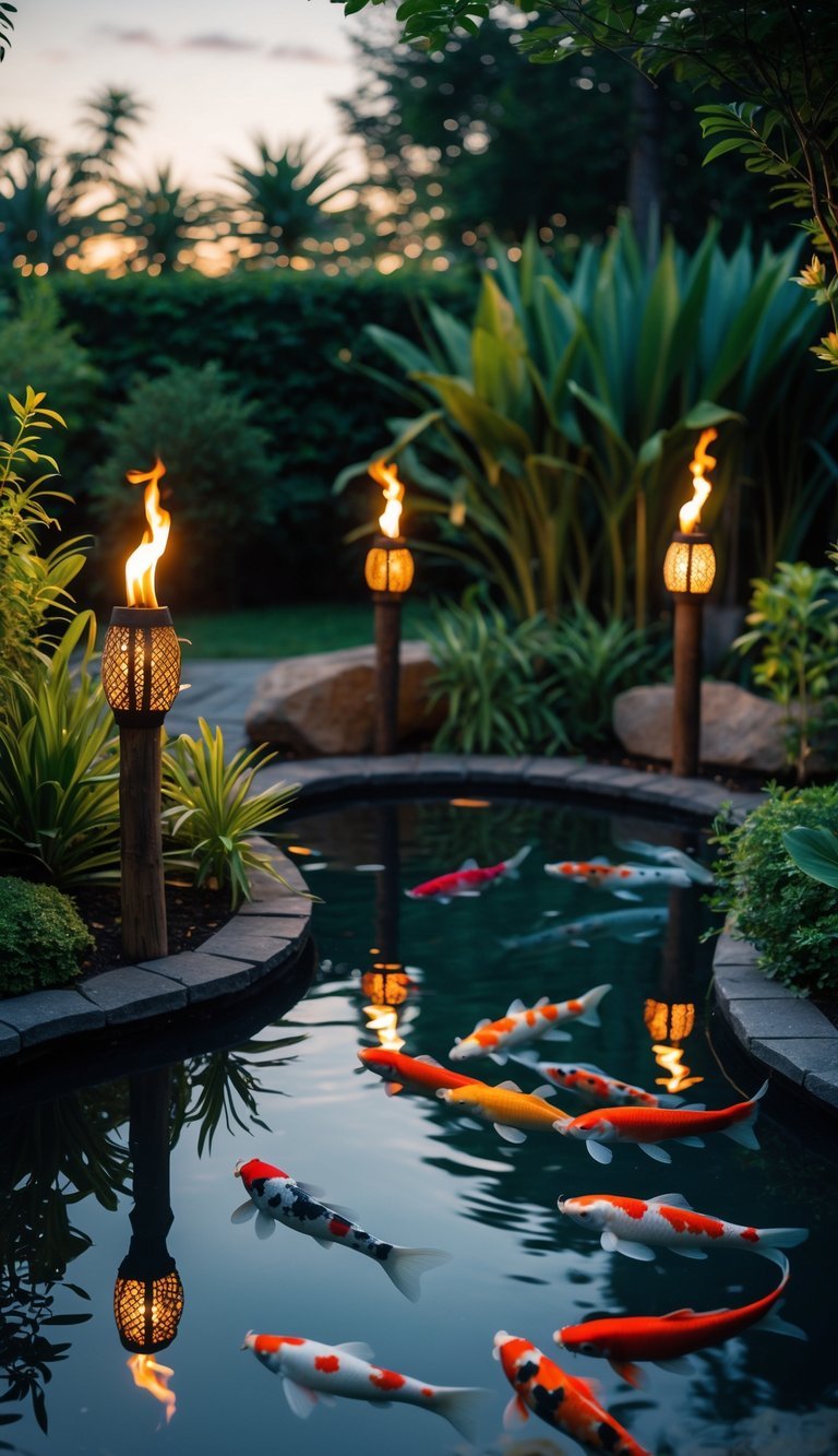 Garden Ideas Using Tiki Torches: 7 Stylish Ways to Transform Your Outdoor Space in the US 7 A koi pond surrounded by greenery and tiki torches with flames flickering around the water.