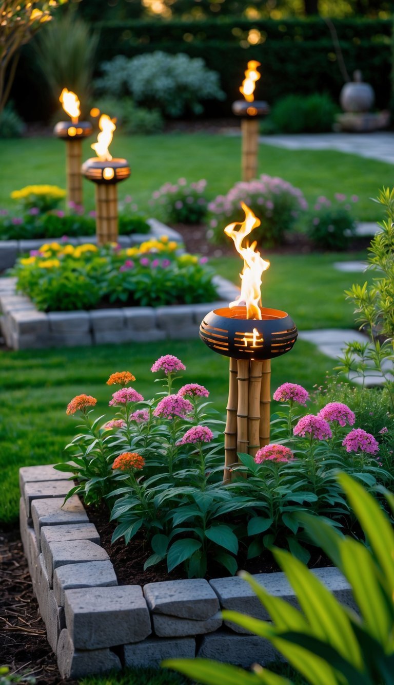 Garden Ideas Using Tiki Torches: 7 Stylish Ways to Transform Your Outdoor Space in the US 8 A garden with raised flower beds filled with colorful flowers and tiki torches placed around them, softly lit by warm light.