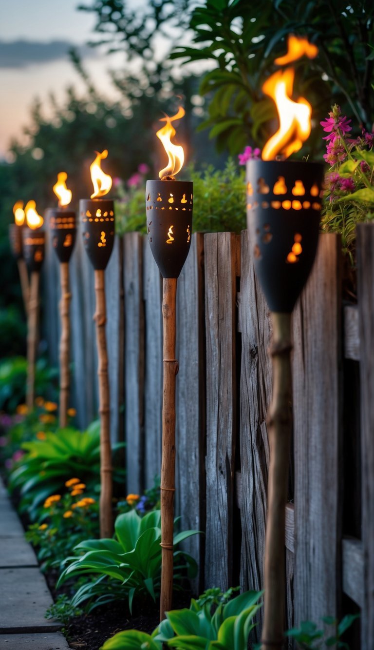 Garden Ideas Using Tiki Torches: 7 Stylish Ways to Transform Your Outdoor Space in the US 9 A garden with tiki torches lit along a wooden fence surrounded by plants and flowers in the evening.