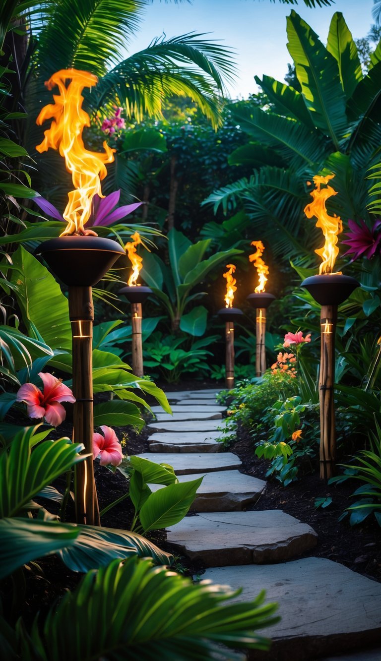 Garden Ideas Using Tiki Torches: 7 Stylish Ways to Transform Your Outdoor Space in the US 10 Tiki torches lit along a stone pathway in a lush tropical garden with palm leaves and colorful flowers.