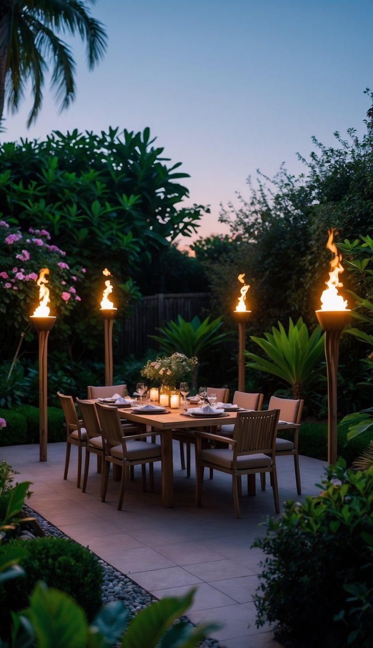 Garden Ideas Using Tiki Torches: 7 Stylish Ways to Transform Your Outdoor Space in the US 11 Outdoor dining area in a garden surrounded by tiki torches with flames glowing, a wooden table set for a meal, and lush green plants around.