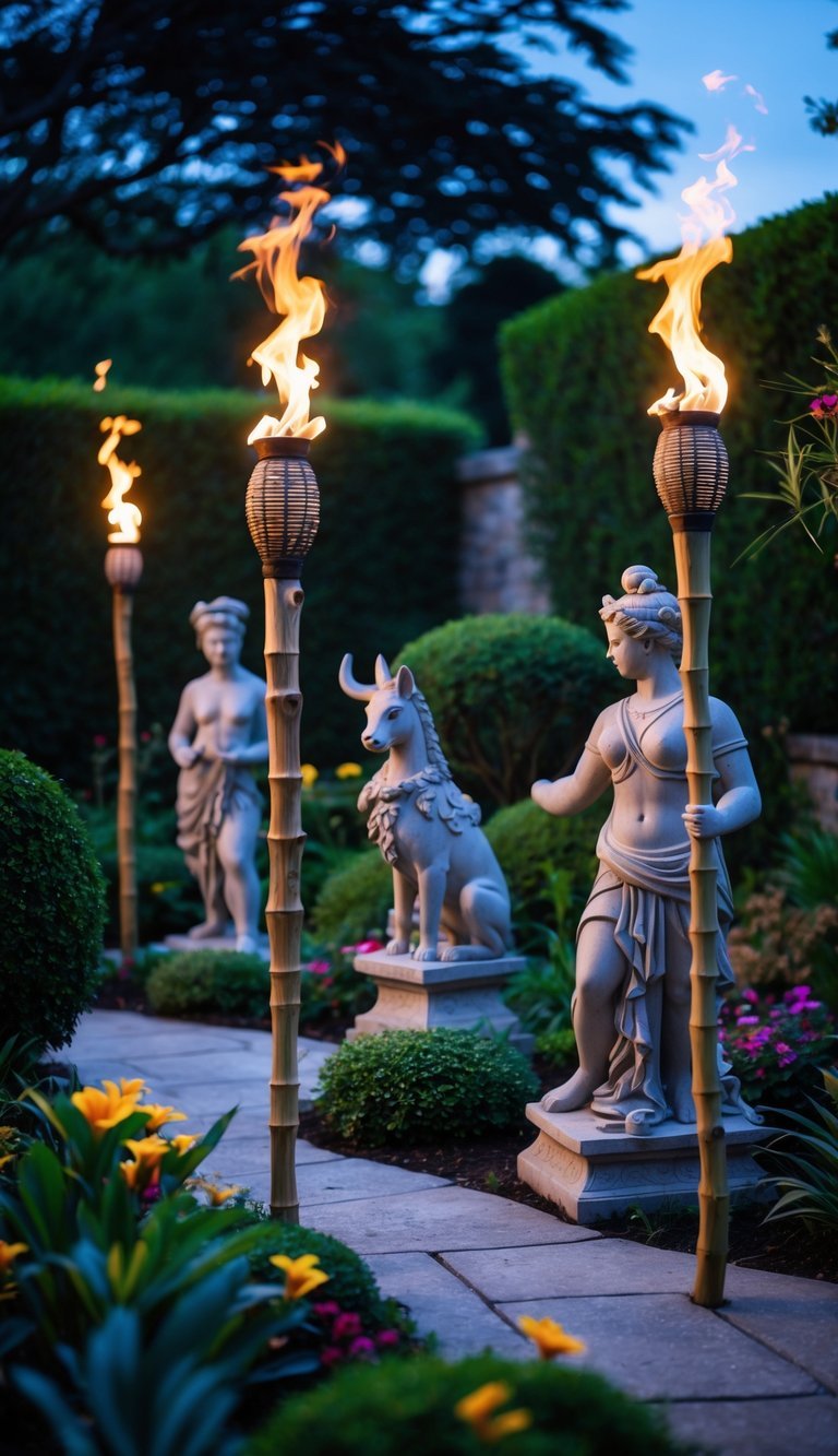 Garden Ideas Using Tiki Torches: 7 Stylish Ways to Transform Your Outdoor Space in the US 12 A garden at dusk illuminated by tiki torches highlighting stone statues surrounded by plants and flowers.
