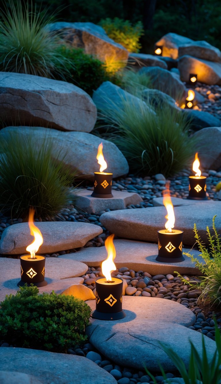 Garden Ideas Using Tiki Torches: 7 Stylish Ways to Transform Your Outdoor Space in the US 13 A rock garden with lit tiki torches surrounded by stones and plants at dusk.