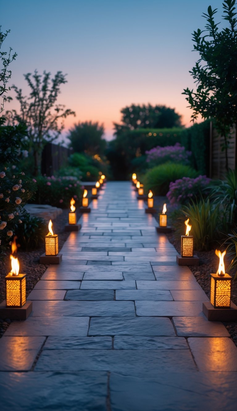 Garden Ideas Using Tiki Torches: 7 Stylish Ways to Transform Your Outdoor Space in the US 14 A stone walkway in a garden lined with lit tiki torches surrounded by plants and flowers during twilight.