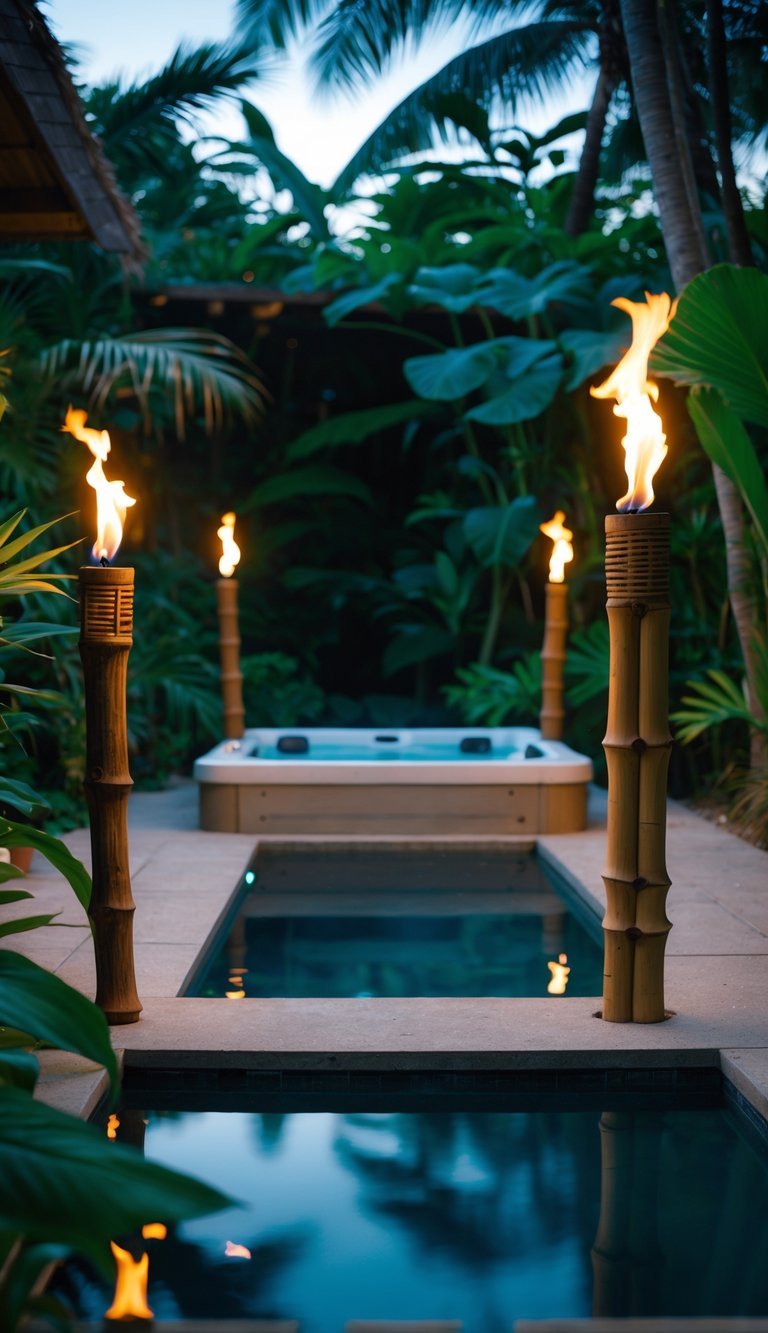 Garden Ideas Using Tiki Torches: 7 Stylish Ways to Transform Your Outdoor Space in the US 15 A small pool or hot tub outdoors surrounded by lit tiki torches and tropical plants.