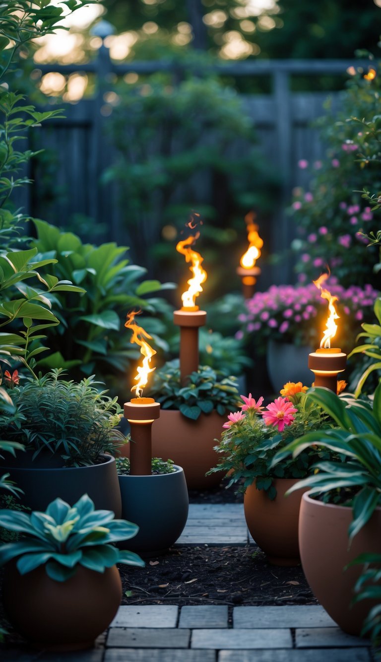 Garden Ideas Using Tiki Torches: 7 Stylish Ways to Transform Your Outdoor Space in the US 16 A garden scene with lit tiki torches placed among potted plants and planters, surrounded by green foliage and flowers.