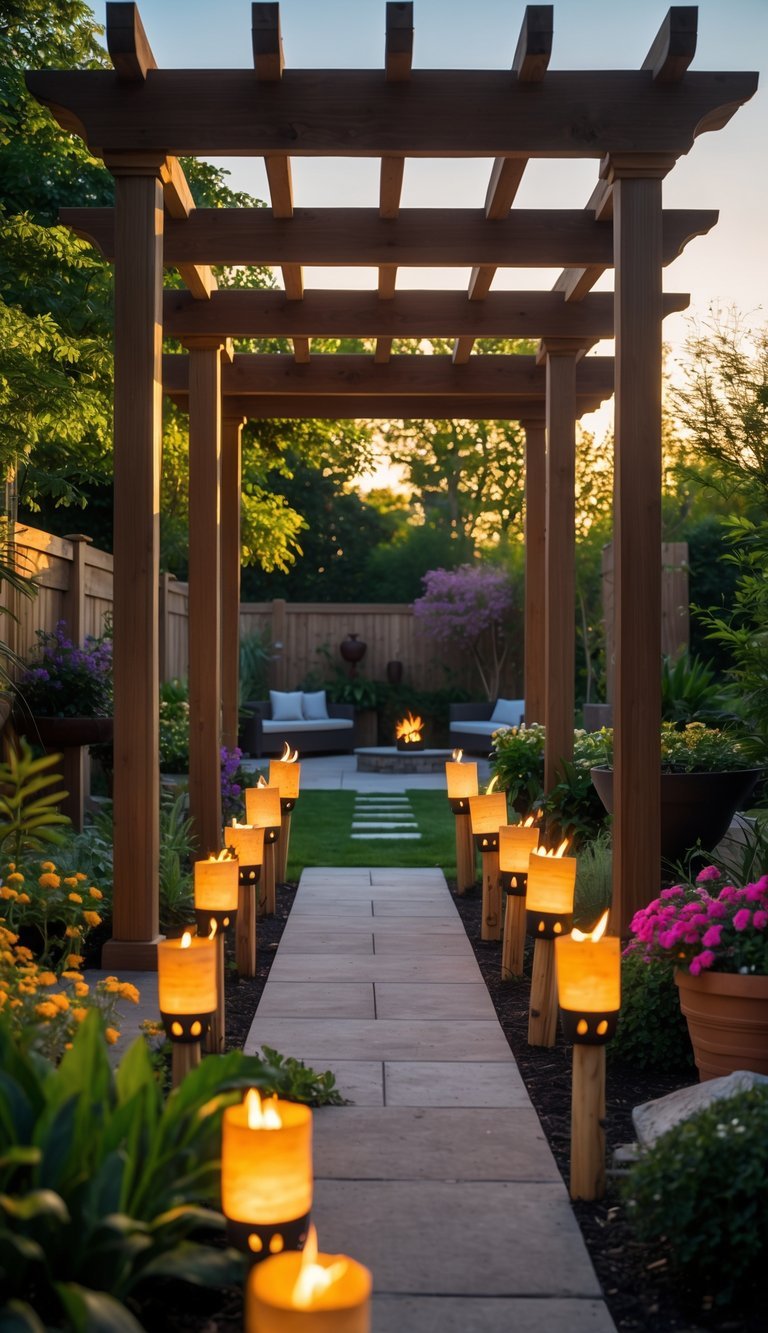 Garden Ideas Using Tiki Torches: 7 Stylish Ways to Transform Your Outdoor Space in the US 17 A pergola or gazebo in a garden surrounded by fifteen tiki torches with flames, lush plants, and outdoor seating.