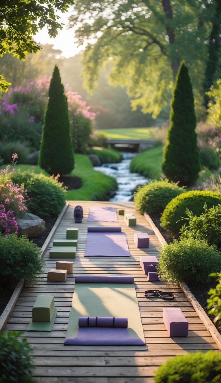 A peaceful outdoor garden with a wooden deck, yoga mats, plants, trees, and a small stream.