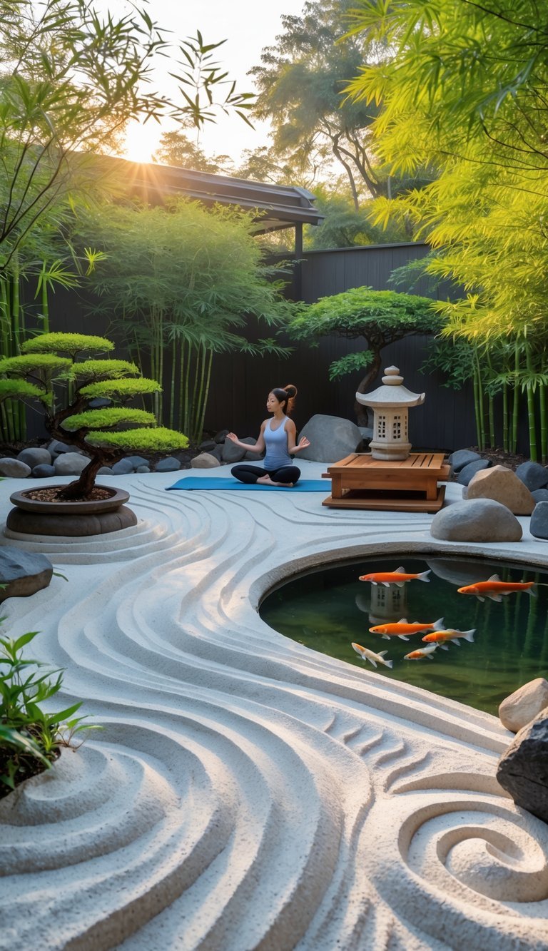 Outdoor Zen garden with a stone pathway, bamboo, bonsai trees, a wooden yoga platform with a person meditating, and a small koi pond.