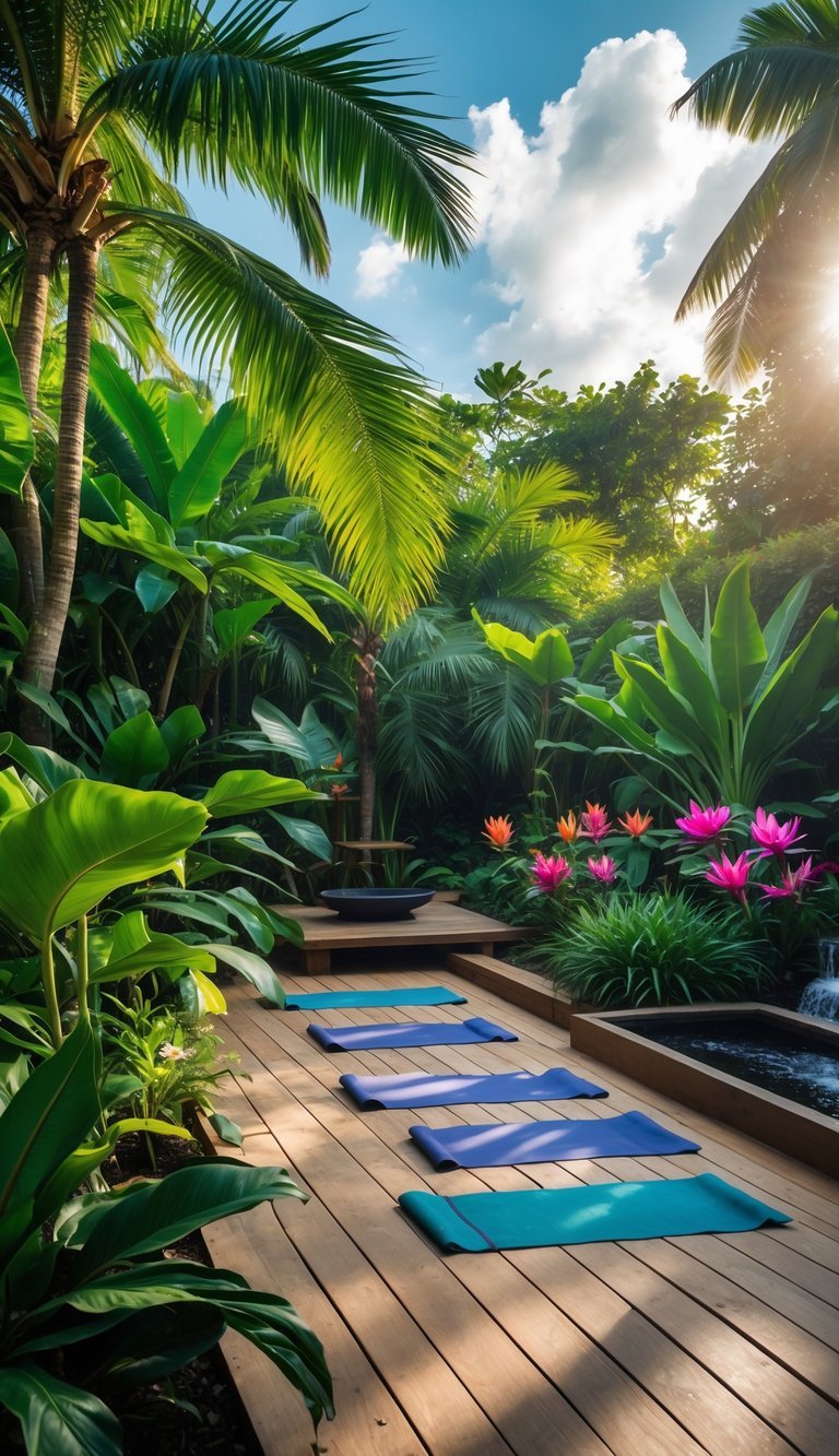 An outdoor yoga garden surrounded by tropical plants and palm trees with yoga mats on a wooden deck and a small water feature nearby.