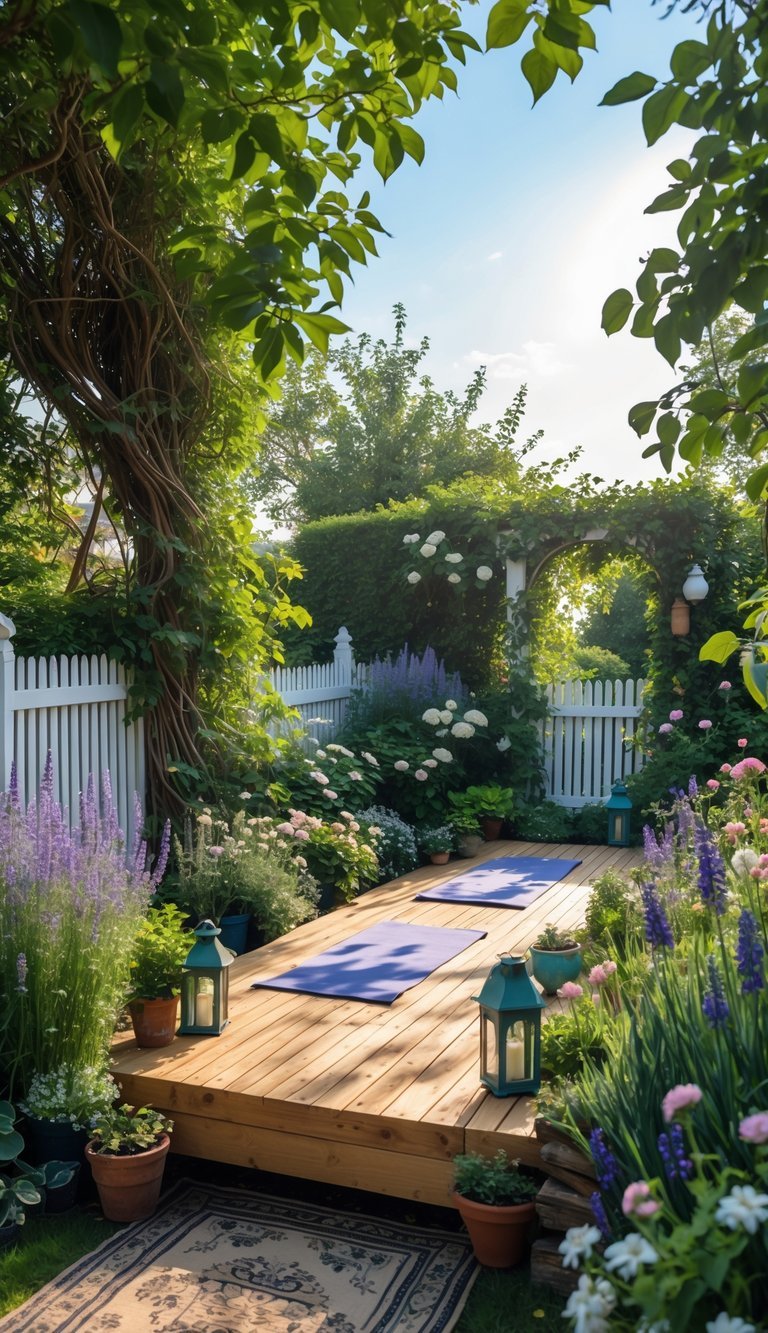 Outdoor yoga deck surrounded by flowering plants and greenery in a cottage garden.