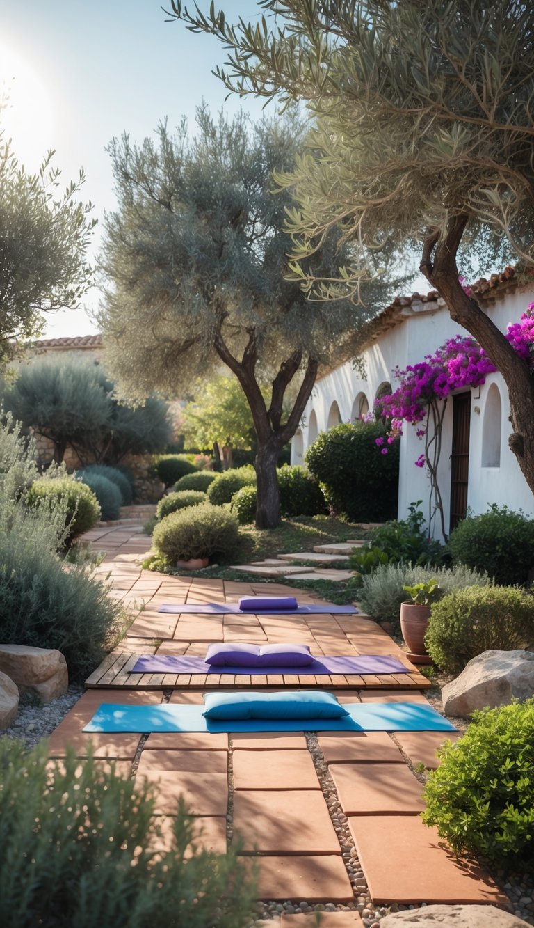 A sunlit Mediterranean garden with olive trees, lavender, and bougainvillea surrounding a wooden yoga deck with mats and cushions.