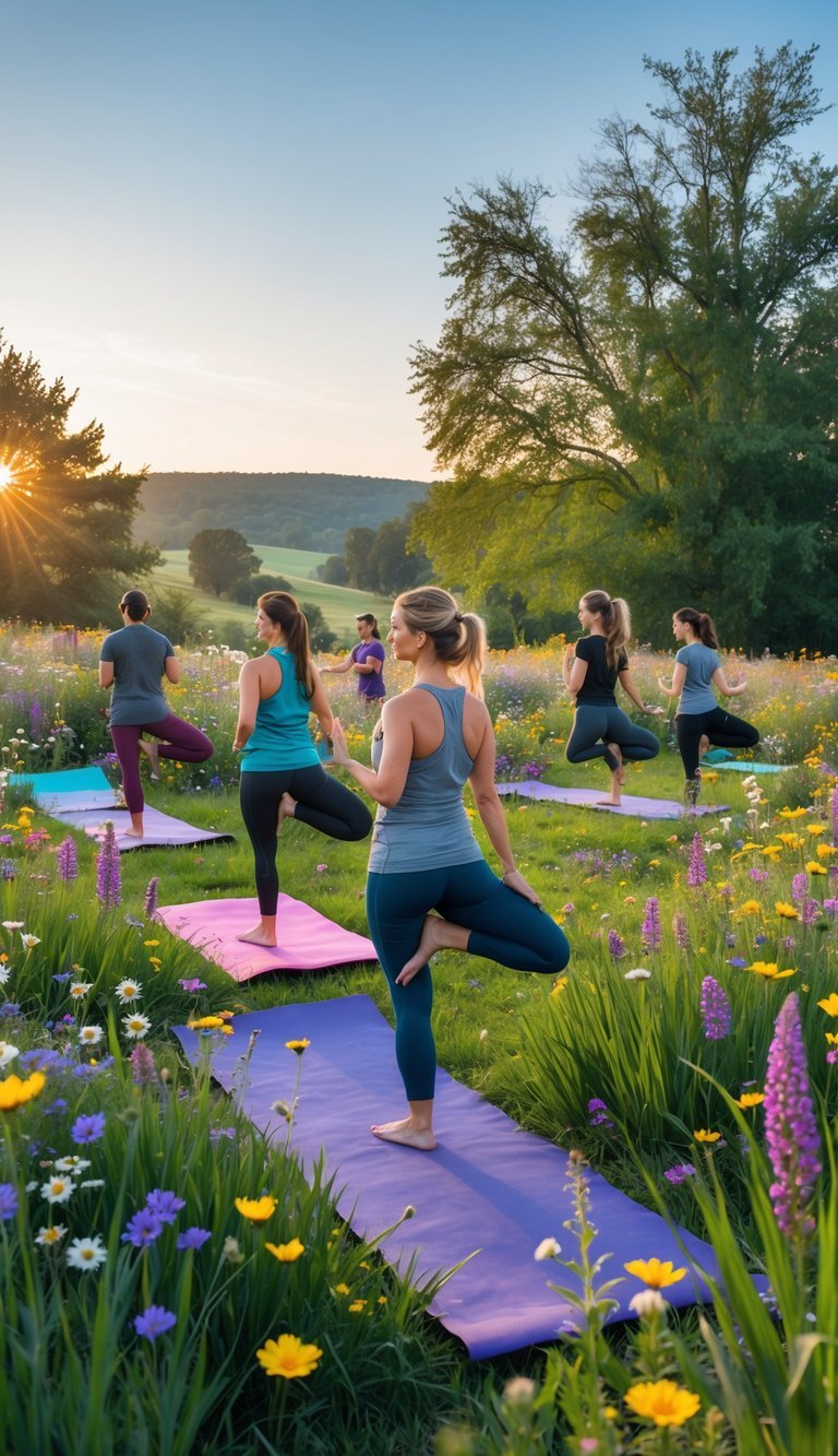 People practicing yoga on mats in a colorful wildflower meadow with trees and hills in the background.