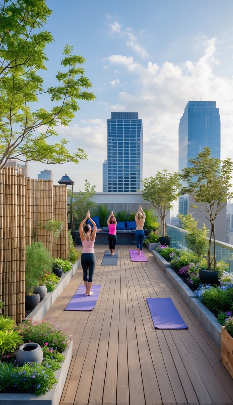 People practicing yoga on a rooftop garden surrounded by plants and city buildings under a clear sky.