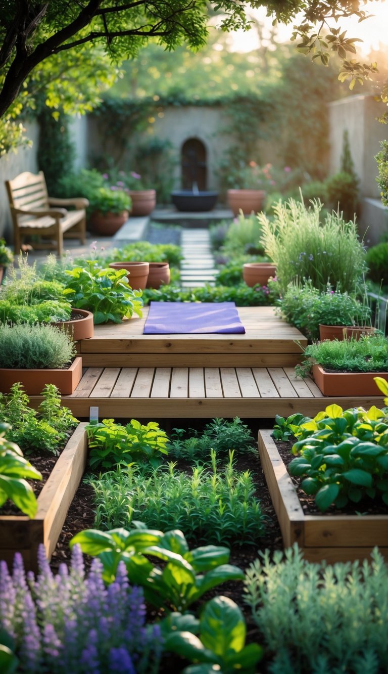 Outdoor garden with herbs and spices surrounding a wooden yoga platform with a yoga mat, bathed in sunlight.