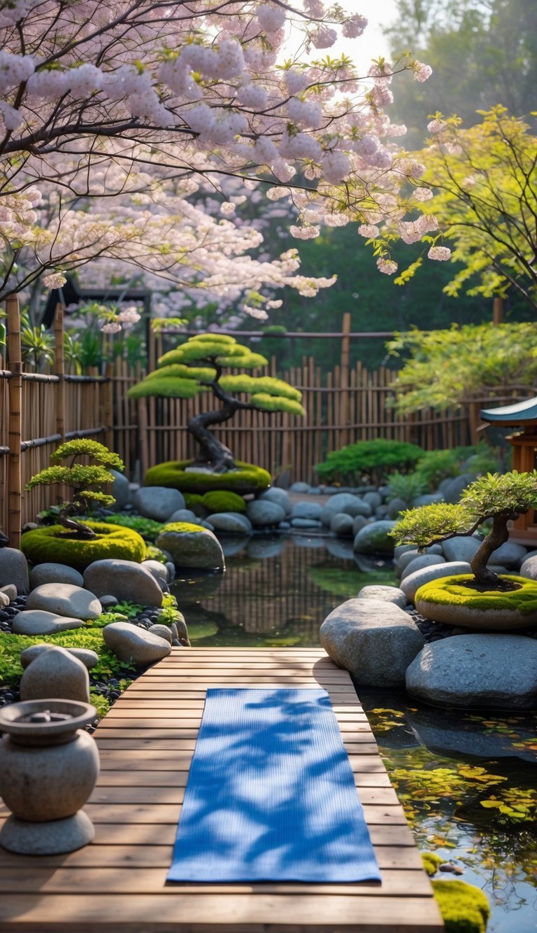 Outdoor yoga area with a wooden deck, surrounded by trees, plants, a koi pond, and a bamboo water fountain.
