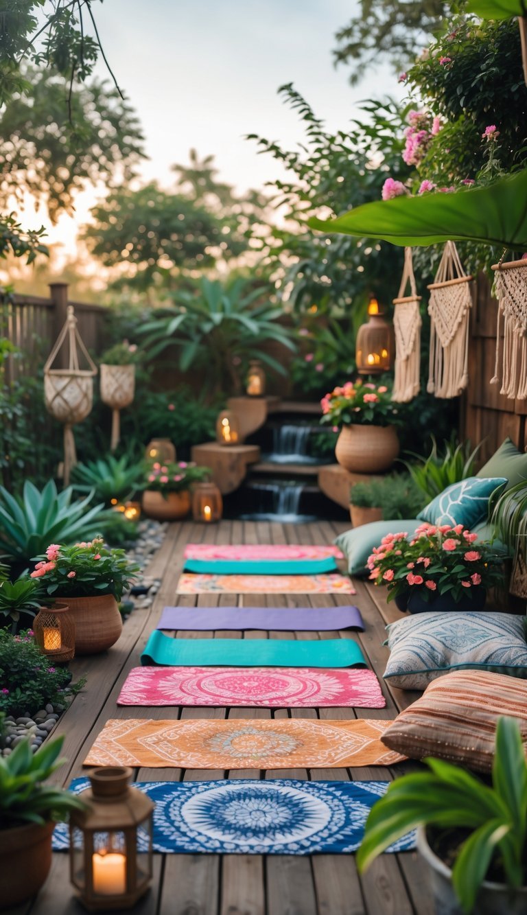 An outdoor yoga garden with wooden deck, colorful yoga mats, plants, and a small water feature surrounded by greenery.