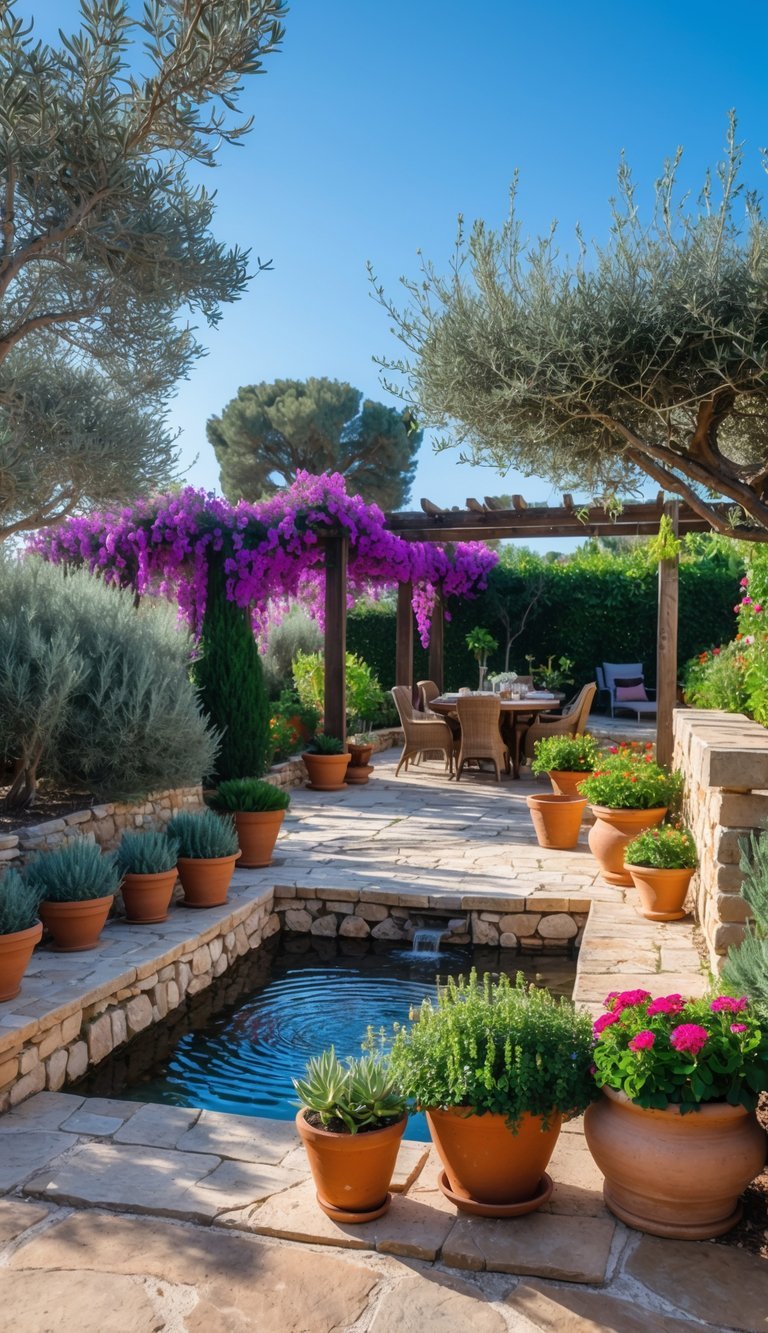 Mediterranean Garden Ideas: 10 Stylish Tips for Creating a Relaxing Outdoor Space in the US 2 A Mediterranean garden with olive trees, lavender, bougainvillea, a stone fountain, terracotta pots, and a shaded seating area under a pergola.