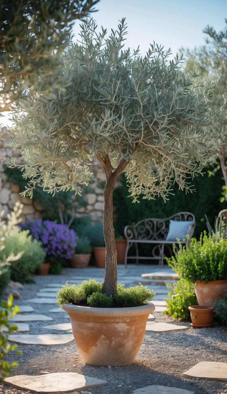 Mediterranean Garden Ideas: 10 Stylish Tips for Creating a Relaxing Outdoor Space in the US 3 An olive tree in a terracotta pot surrounded by Mediterranean garden plants and stone pathways in a sunny outdoor setting.