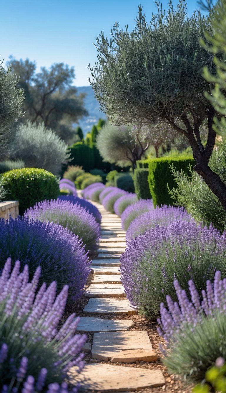Mediterranean Garden Ideas: 10 Stylish Tips for Creating a Relaxing Outdoor Space in the US 4 A stone walkway lined with blooming lavender plants in a Mediterranean garden surrounded by greenery and olive trees under a clear blue sky.