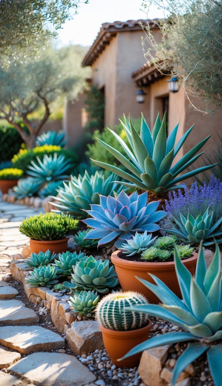 Mediterranean Garden Ideas: 10 Stylish Tips for Creating a Relaxing Outdoor Space in the US 5 A Mediterranean garden with drought-resistant succulents, stone pathways, terracotta pots, olive trees, and lavender bushes under warm sunlight.