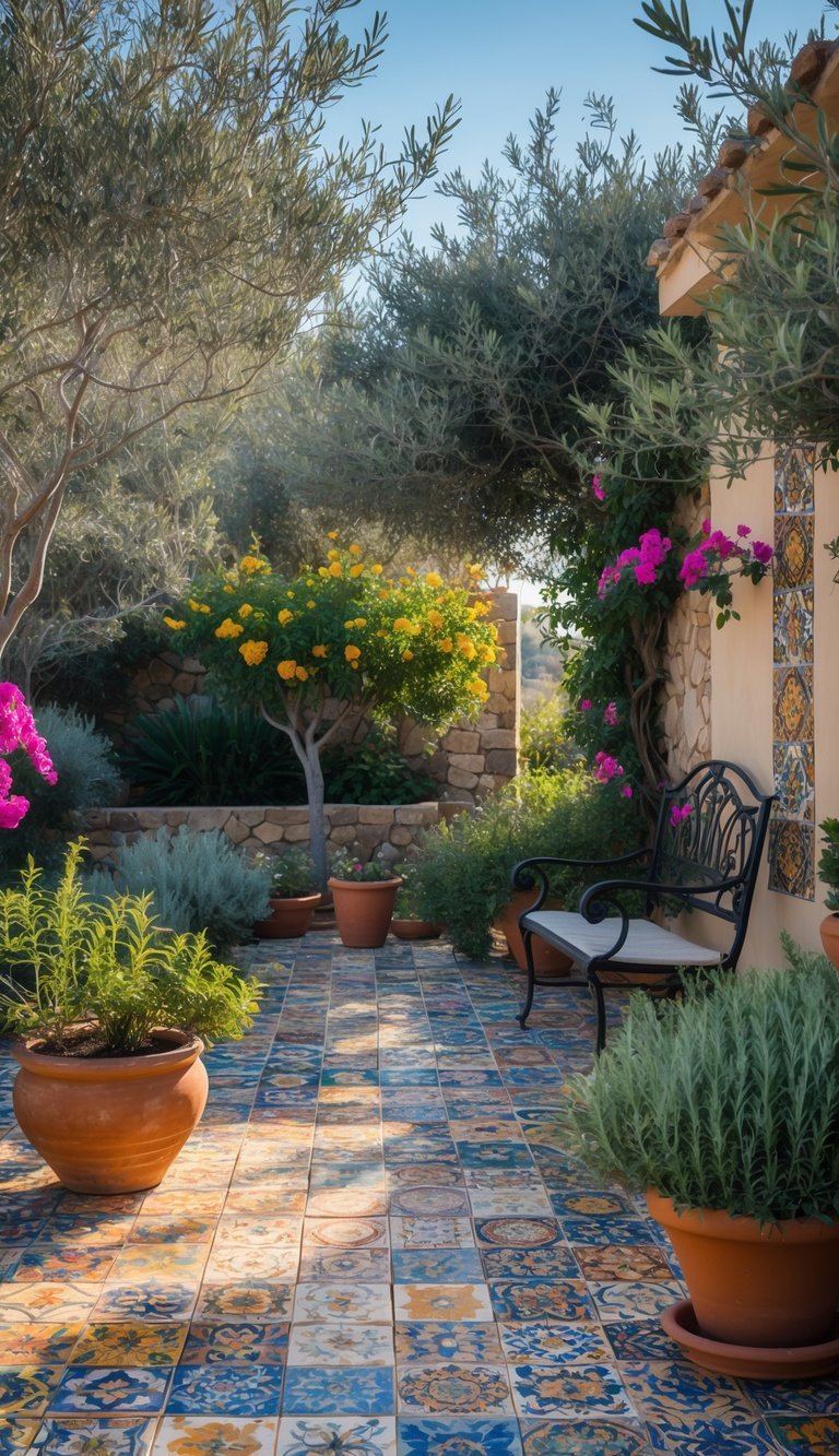 Mediterranean Garden Ideas: 10 Stylish Tips for Creating a Relaxing Outdoor Space in the US 6 Outdoor Mediterranean garden patio with colorful ceramic tile accents, lush plants, and a stone wall with climbing vines.