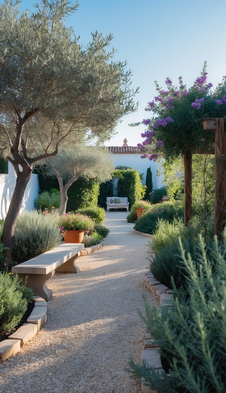 Mediterranean Garden Ideas: 10 Stylish Tips for Creating a Relaxing Outdoor Space in the US 7 A gravel pathway winding through a Mediterranean garden with olive trees, flowering plants, and terracotta pots under a clear sky.