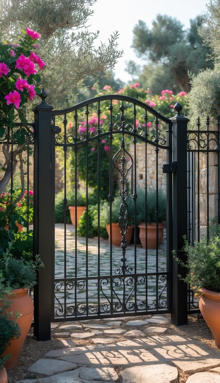 Mediterranean Garden Ideas: 10 Stylish Tips for Creating a Relaxing Outdoor Space in the US 8 An outdoor garden scene with wrought iron fences and gates surrounded by lush plants and stone pathways.
