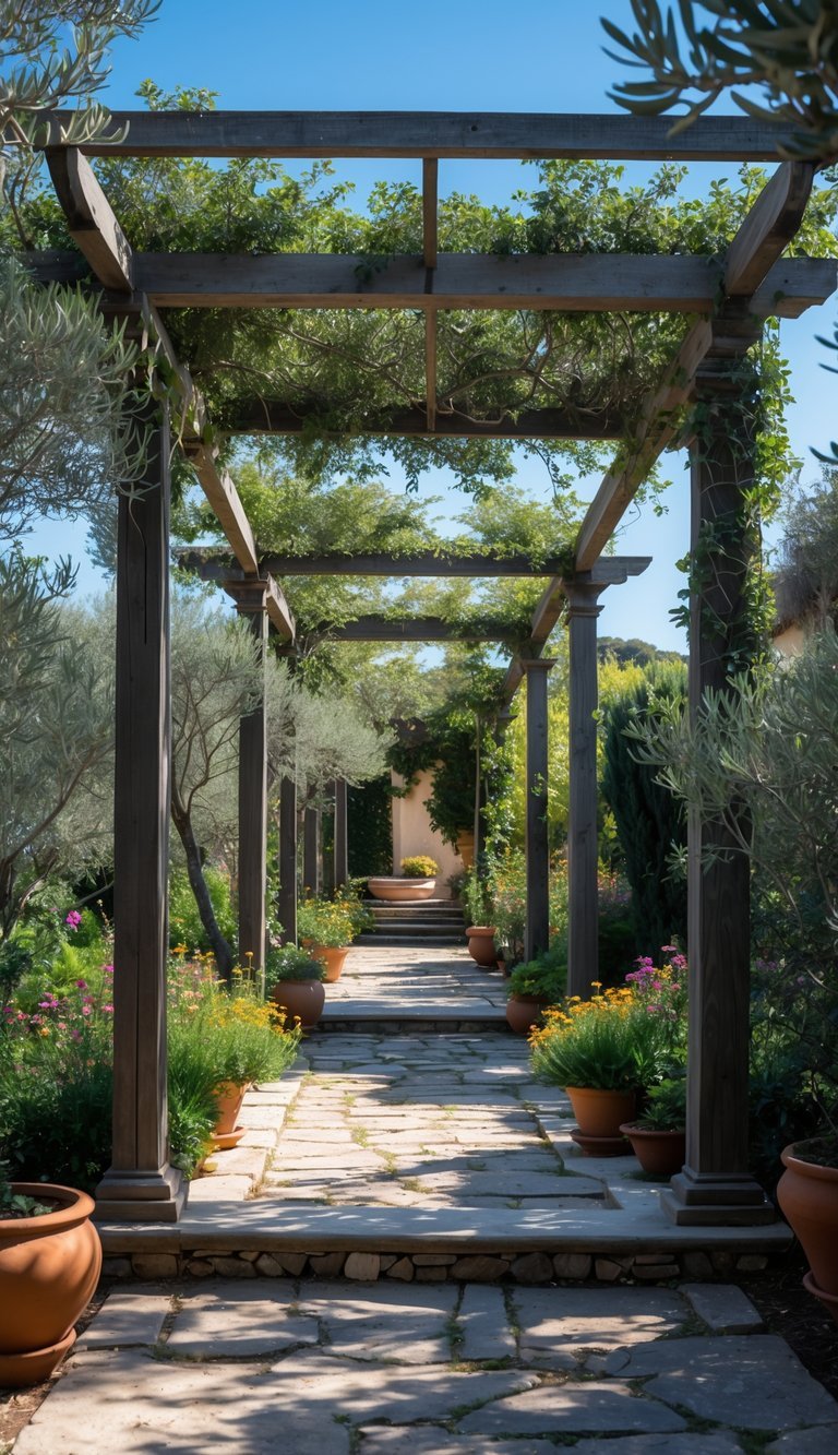 Mediterranean Garden Ideas: 10 Stylish Tips for Creating a Relaxing Outdoor Space in the US 9 A garden with wooden pergolas covered in climbing vines, surrounded by flowering plants and trees, with a stone pathway running through.