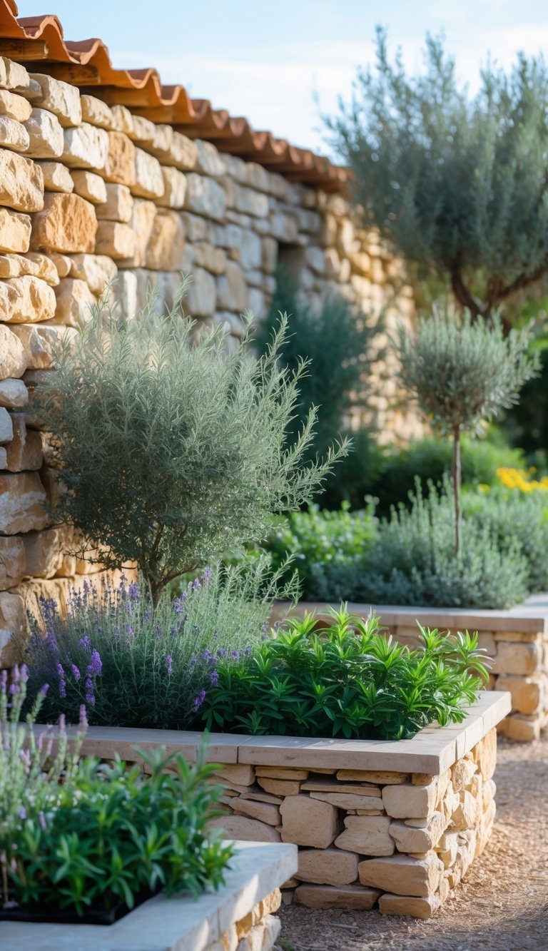 Mediterranean Garden Ideas: 10 Stylish Tips for Creating a Relaxing Outdoor Space in the US 10 A Mediterranean garden with rustic stone walls and stone planters filled with green plants and small trees under a clear blue sky.