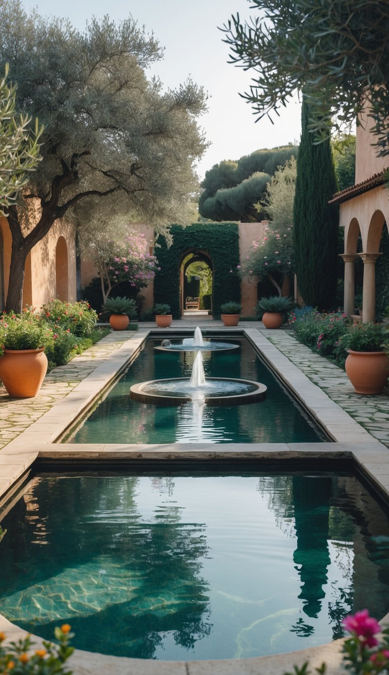 Mediterranean Garden Ideas: 10 Stylish Tips for Creating a Relaxing Outdoor Space in the US 11 A peaceful Mediterranean garden with reflecting pools, fountains, stone pathways, and lush plants under sunlight.
