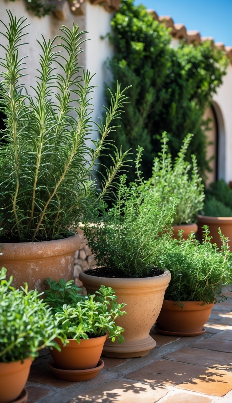 Mediterranean Garden Ideas: 10 Stylish Tips for Creating a Relaxing Outdoor Space in the US 12 A sunny Mediterranean herb garden with rosemary and thyme plants growing in pots on a patio.