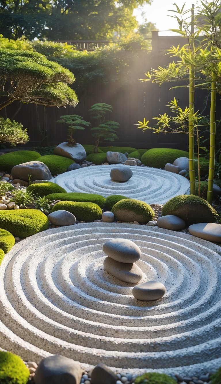 Meditation Garden Ideas: 10 Essential Designs for Creating Your Perfect Calm Space in the US 3 A peaceful Zen rock garden with raked white gravel, natural stones, moss, bamboo plants, and bonsai trees under soft sunlight.