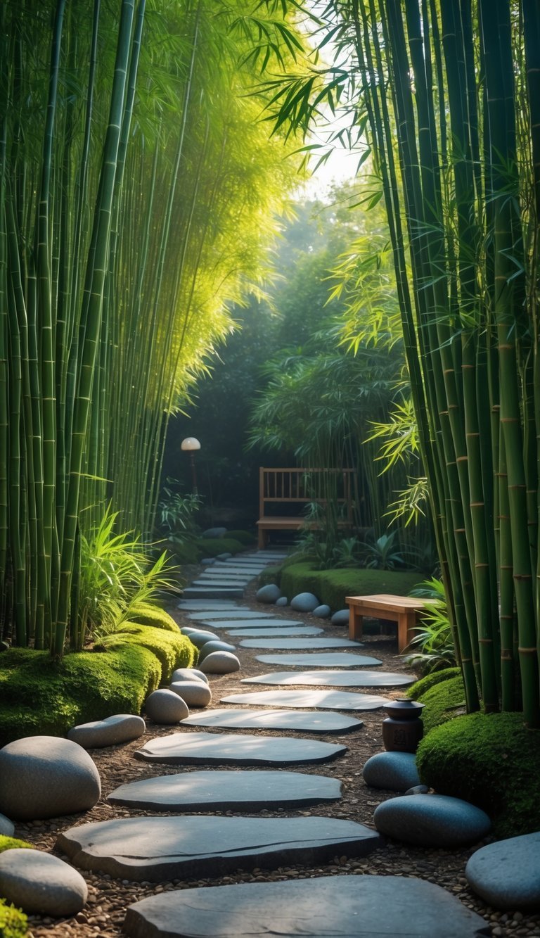 Meditation Garden Ideas: 10 Essential Designs for Creating Your Perfect Calm Space in the US 4 A winding stone path through a dense bamboo garden with sunlight filtering through the leaves and a small wooden bench beside the path.