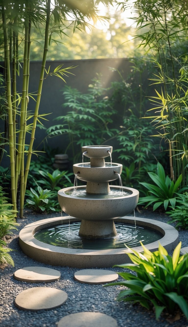 Meditation Garden Ideas: 10 Essential Designs for Creating Your Perfect Calm Space in the US 5 A peaceful meditation garden with a stone water fountain surrounded by green plants and stepping stones.