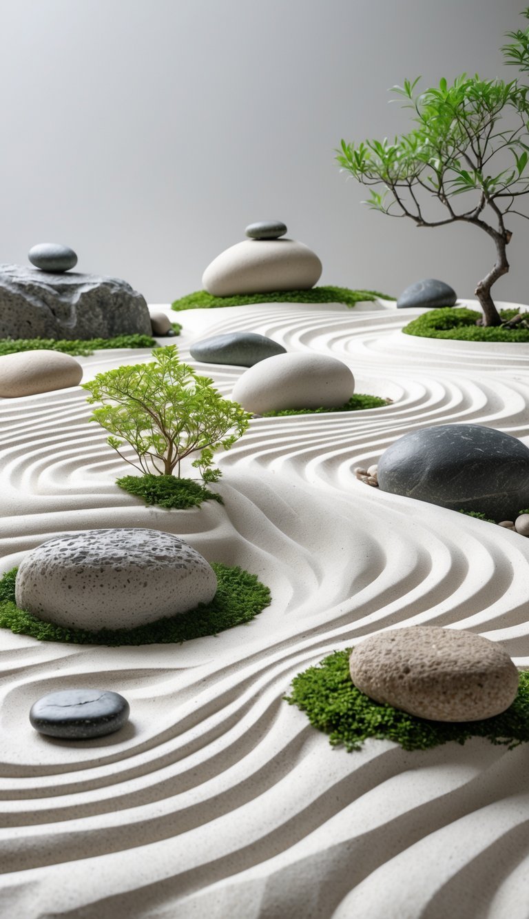 Meditation Garden Ideas: 10 Essential Designs for Creating Your Perfect Calm Space in the US 6 A minimalist sand garden with raked white sand, natural stones, and small greenery arranged for meditation.