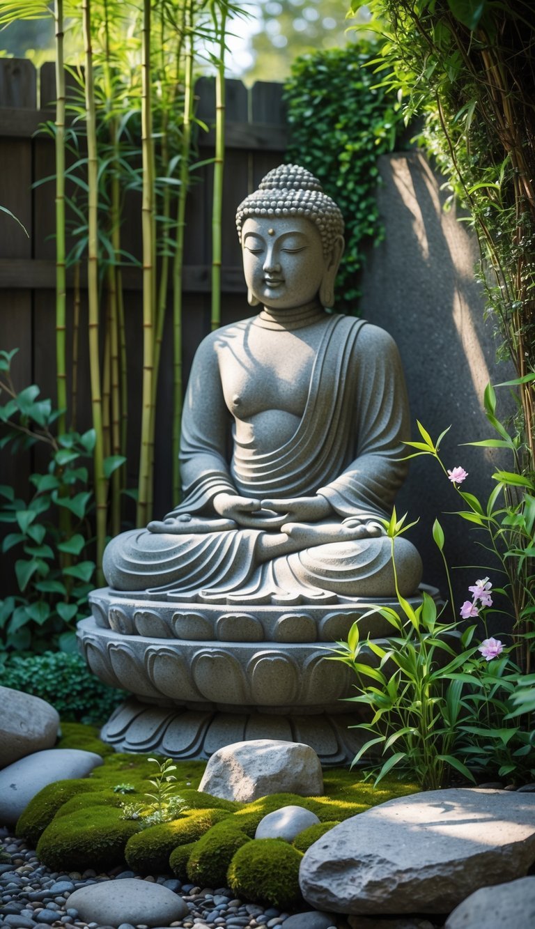 Meditation Garden Ideas: 10 Essential Designs for Creating Your Perfect Calm Space in the US 7 A stone Buddha statue seated in a peaceful meditation garden corner surrounded by green plants, bamboo, and river rocks.