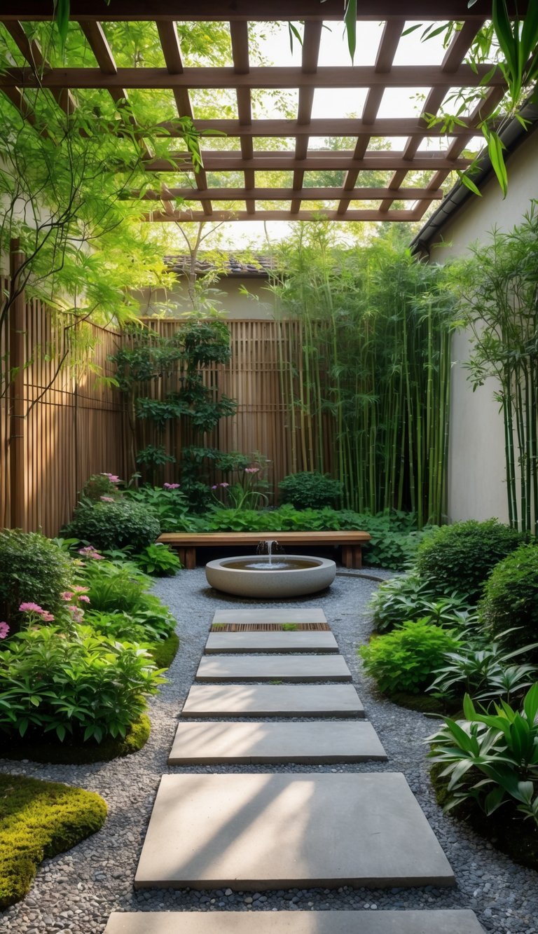 Meditation Garden Ideas: 10 Essential Designs for Creating Your Perfect Calm Space in the US 8 An enclosed courtyard garden with green plants, a stone pathway, a wooden bench, and a small water fountain surrounded by walls with climbing vines.