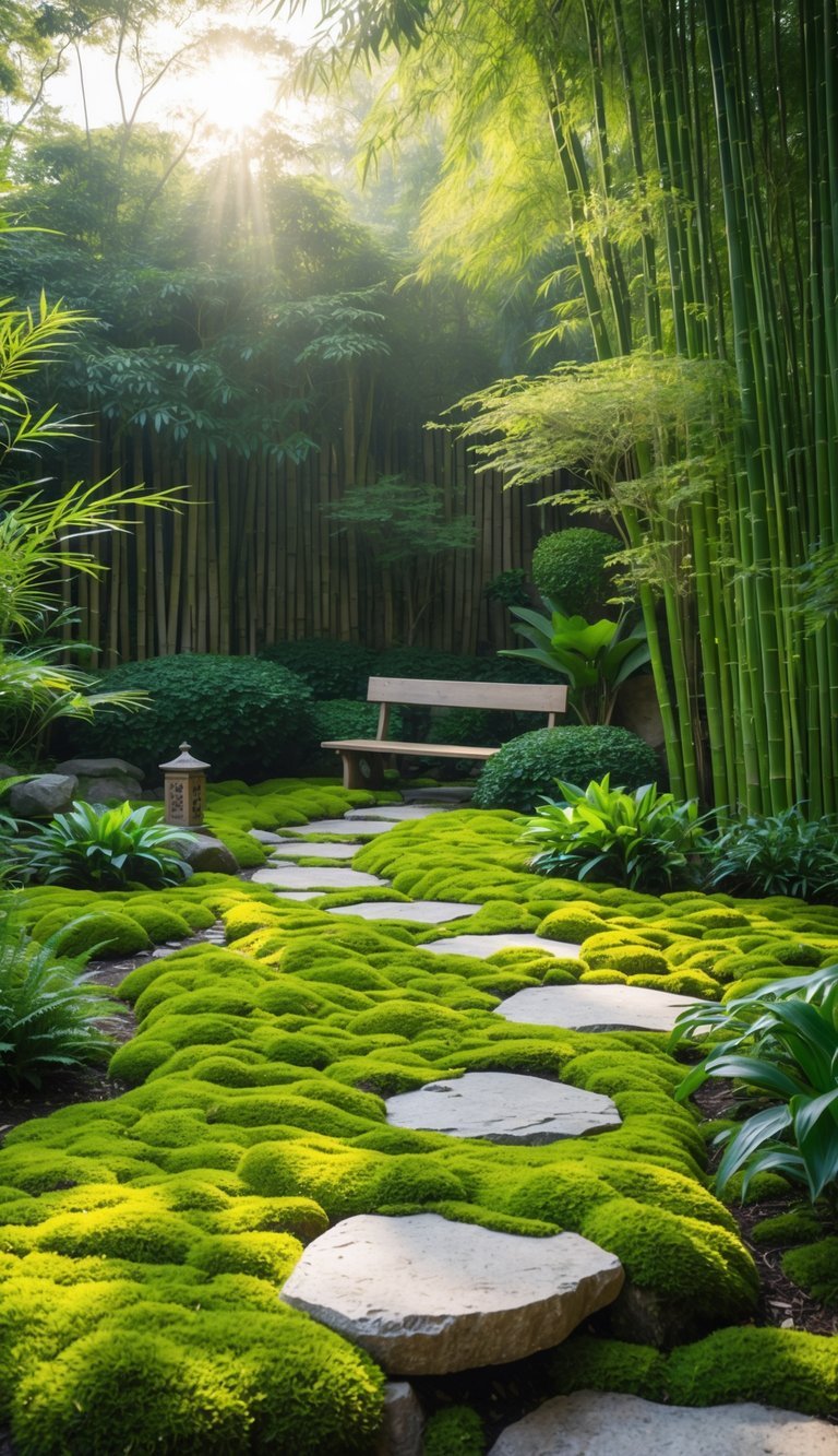 Meditation Garden Ideas: 10 Essential Designs for Creating Your Perfect Calm Space in the US 9 A peaceful meditation garden with moss-covered ground, stone pathways, ferns, bamboo, and a wooden bench under soft sunlight.