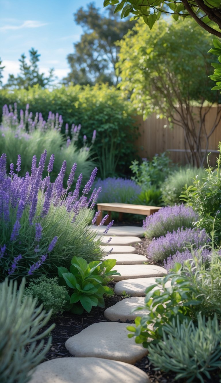 Meditation Garden Ideas: 10 Essential Designs for Creating Your Perfect Calm Space in the US 10 A peaceful garden with blooming lavender and various herbs, a stone pathway, and a wooden bench surrounded by greenery.