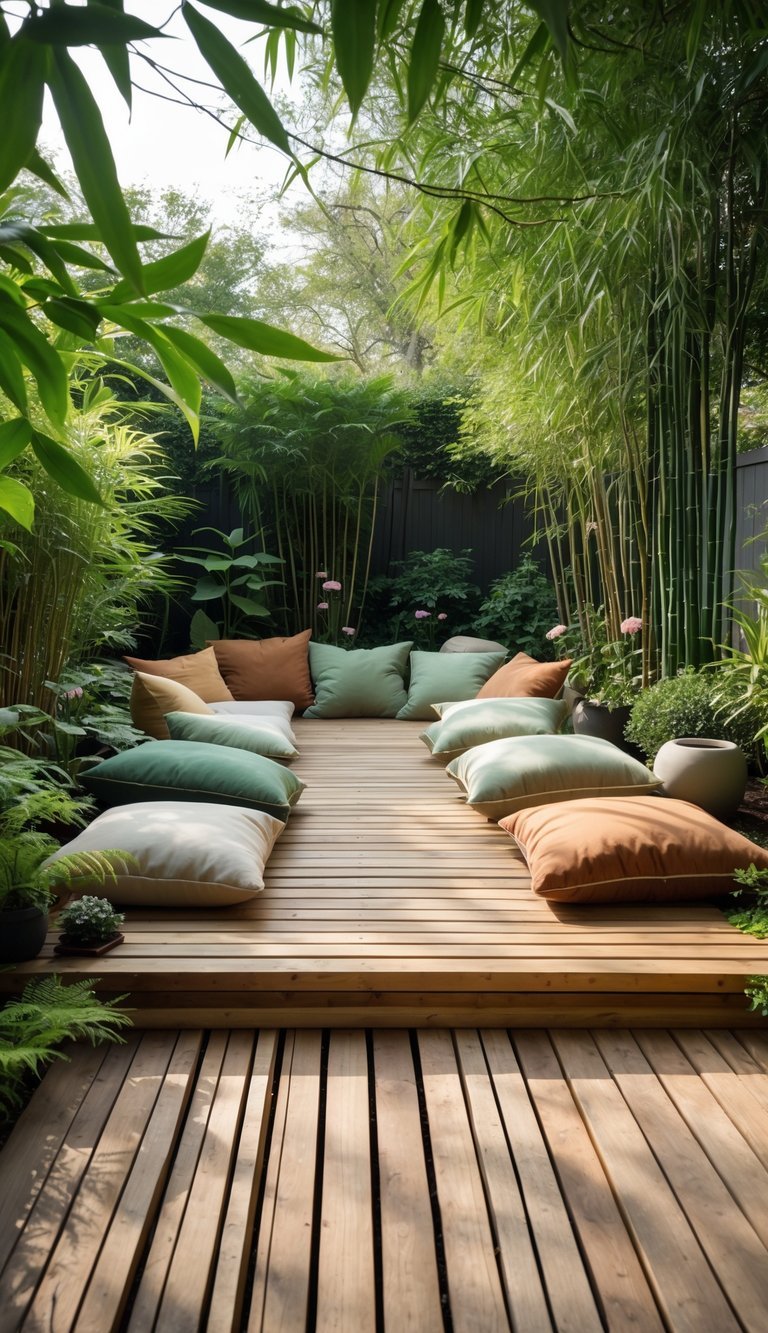 Meditation Garden Ideas: 10 Essential Designs for Creating Your Perfect Calm Space in the US 11 Wooden deck with cushions surrounded by green plants in a peaceful outdoor garden.