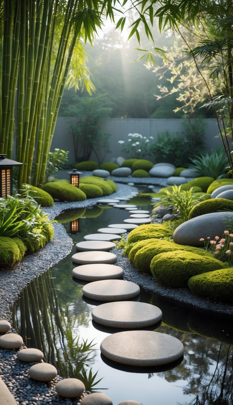 Meditation Garden Ideas: 10 Essential Designs for Creating Your Perfect Calm Space in the US 12 A peaceful garden with circular stepping stones over a calm pond surrounded by green plants and trees.